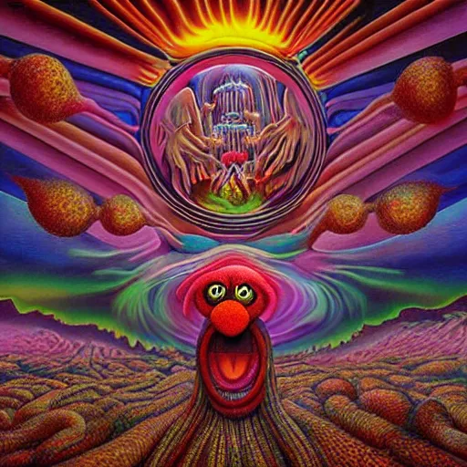 Image similar to animal the muppet on tool album cover, 8 k resolution hyperdetailed scary dystopian surrealism style of alex grey