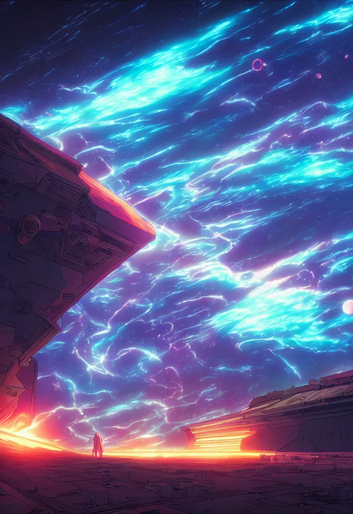 Prompt: comic book panel of a cosmic storm in space by dan mumford and makoto shinkai and moebius, 8k, anime, cel-shaded, comic book panel, volumetric lighting, unreal engine, vibrant colors