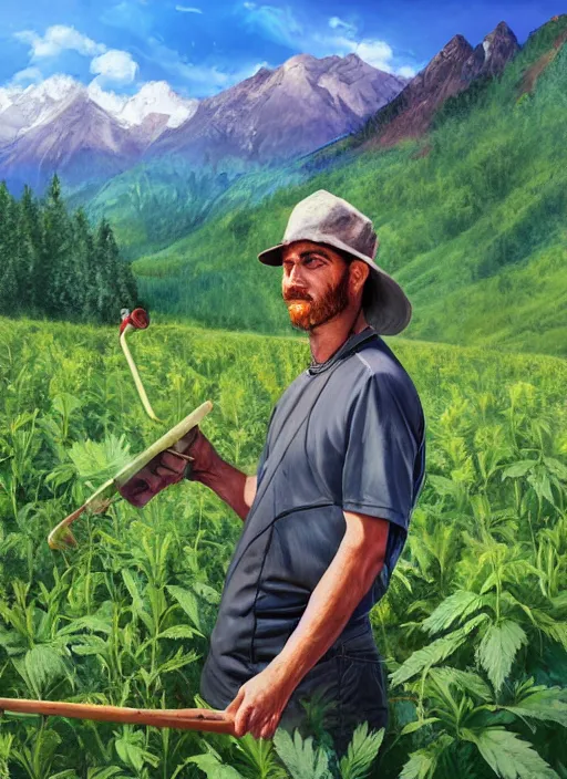 Prompt: digital portrait of a person looking like aleksandr lukanhesko cultivating weed in mountains, hot sun, photo realism