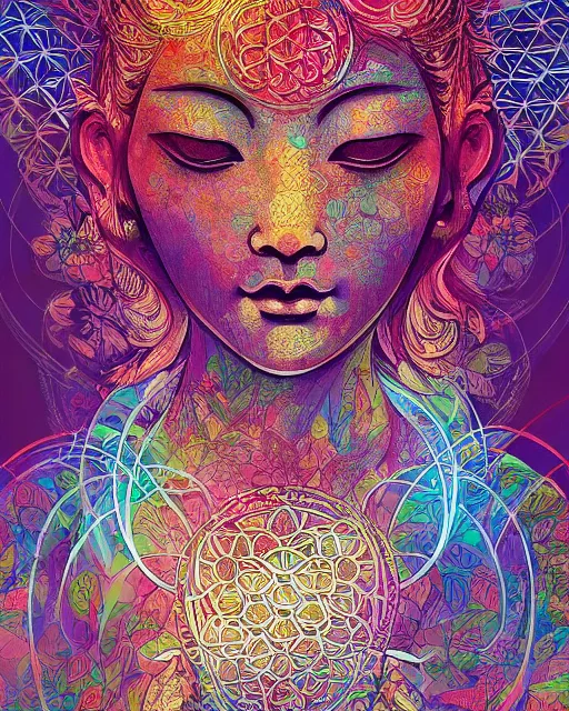 Prompt: flower of life contented peaceful bodhisattva, close up, portrait, intricate, colorful, symmetrical, art by artgerm and wlop and james jean and carne griffiths, artstation 8 k uhd