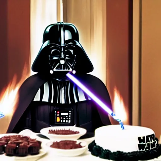 Prompt: Darth Vader trying to blow the candles on his birthday cake