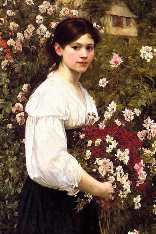 Image similar to Richard Schmid and caravaggio full length portrait painting of a young beautiful edwardian girl hold a large bouquet of flowers standing in a cottage garden