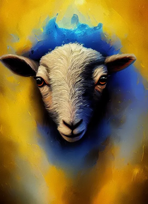 Prompt: a painting of a lamb's face with blue and yellow smoke coming out of, a digital painting by petros afshar, behance contest winner, digital art, behance hd, digital illustration, digital painting