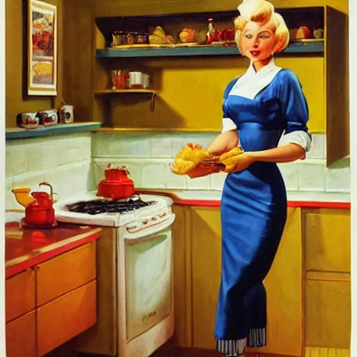 Image similar to blonde woman making breakfast, art by art frahm