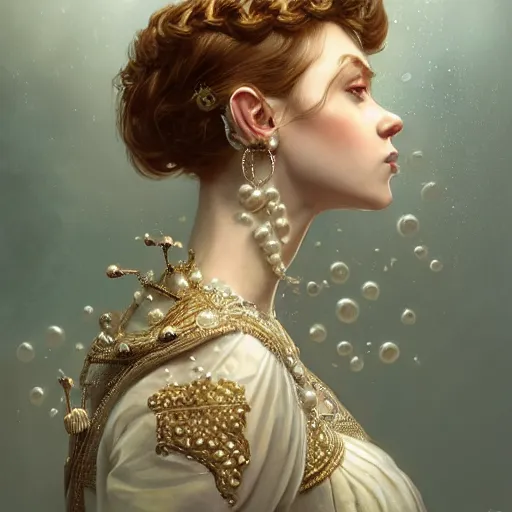 Image similar to a realistic liquid queen with a decorated dress made of white pearls , highly detailed, digital painting, Trending on artstation , HD quality, by artgerm and greg rutkowski and alphonse mucha, dramatic light, octane upscale max