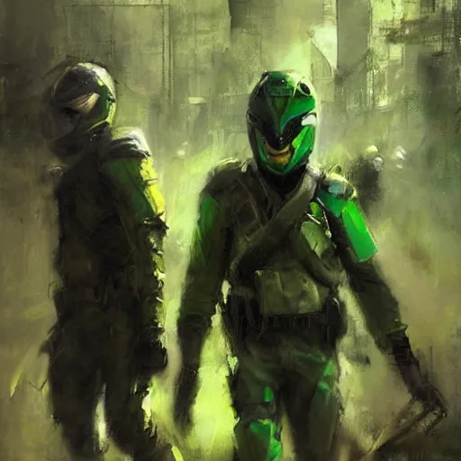 Image similar to green rangers, realistic, ultrahd, jeremy mann painting