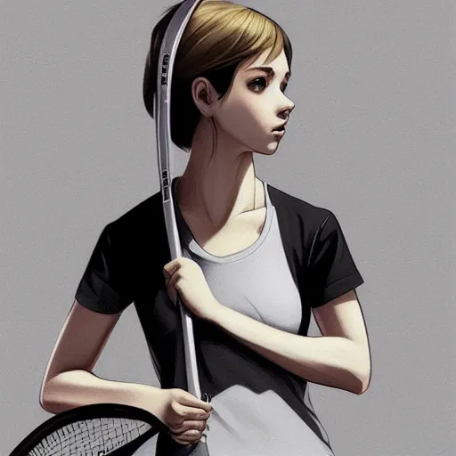 Image similar to a drawing of a woman holding a tennis racquet, a character portrait by Ilya Kuvshinov, cgsociety, shock art, ilya kuvshinov, 2d game art, official art