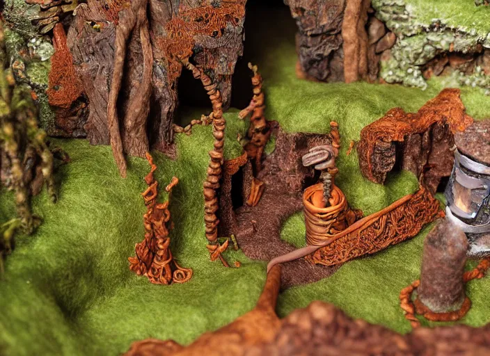 Image similar to high - res photograph of a felt and copper wire sculpture diorama with fantasy castles, highly detailed sculpey diorama, forest setting in iceland, waterfall backdrop, realistic materials, wood, felt, cloth, burlap, copper wire, hot glue, smooth, sharp foccus, commercial product photography,