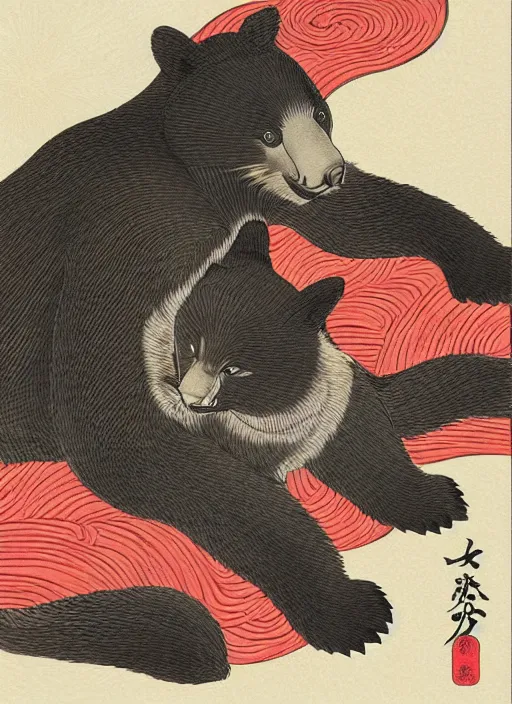 Image similar to ukiyo-e print of samurai Asian black bear and a cat, intricate, elegant, highly detailed, digital painting, artstation, concept art, smooth, sharp focus, illustration, art by Andō Hiroshige