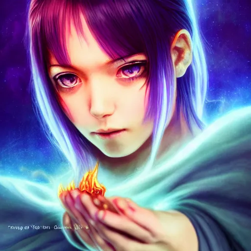 Prompt: rimuru tempest from tensura holding purple fire in her palm, with amber eyes of golden colored eyes, straight hair, sky blue hair, long bangs, award winning photography, cinematic, digital painting, cinematic, wlop, 8 k, by ross tran, tom bagshaw