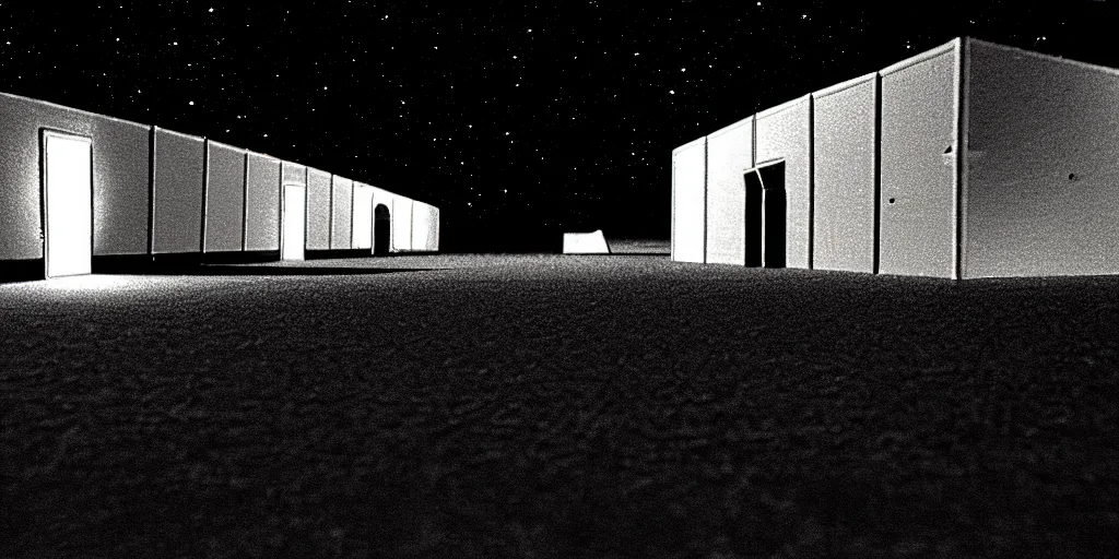 Image similar to low angle shot of a space port at night, set design by Ed Wood, in the style of Jim Jarmusch, shot on film, grainy, hyperrealistic