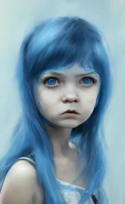 Prompt: little angry girl with blue hair, by Ilya Bondar, 4k, digital art, ultra realistic, ultra detailed, concept art, trending on artstation