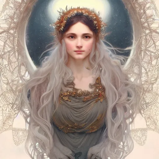 Image similar to portrait of winter goddess, intricate, elegant, highly detailed, digital painting, artstation, concept art, smooth, sharp focus, illustration, art by artgerm and greg rutkowski and alphonse mucha and william - adolphe bouguereau