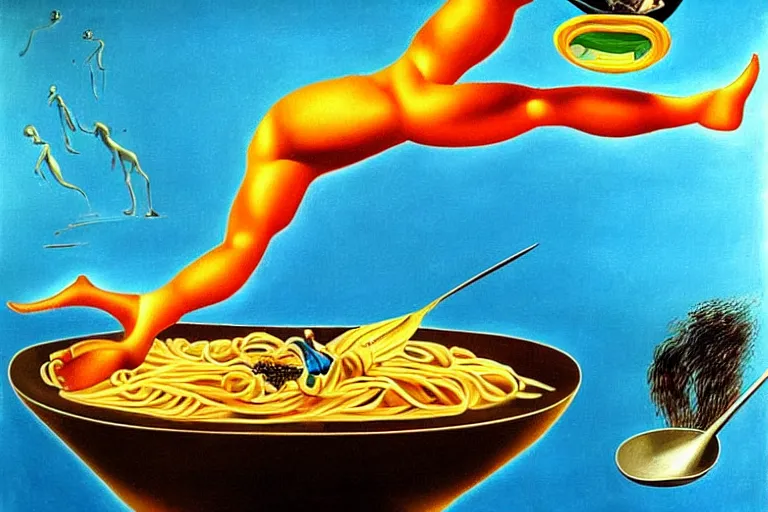 Image similar to olympic diver diving into a dish of pasta, detailed surrealist painting by salvador dali