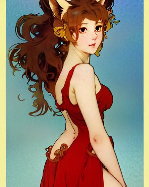 Prompt: A cute frontal fullbody painting of a beautiful anime skinny foxgirl with curly brown colored hair and fox ears on top of her head and tempting eyes wearing a cute red dress looking at the viewer, elegant, delicate, soft lines, higly detailed, smooth , pixiv art, cgsociety, artgem, art by Gil Elvgren alphonse mucha and charles reid, high quality, digital illustration, concept art