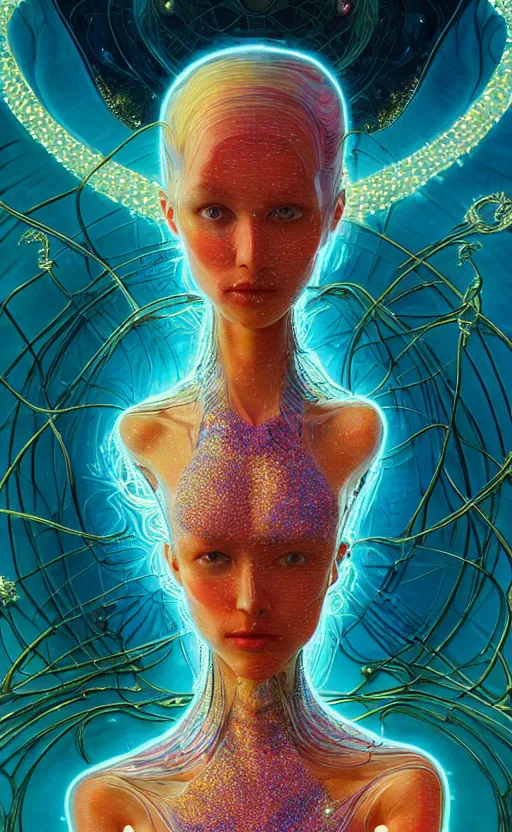 Prompt: extremely detailed cinematic movie still 3 0 7 7 full body shot of 2 5 years old woman inside woman inside woman hyperreal skin face golden energy strings art - nouveau style with colorful shining crystals by denis villeneuve, wayne barlowe, simon birch, marc simonetti, philippe druillet, bright volumetric sunlight, rich moody colors, bokeh