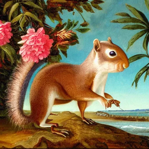 Image similar to a giant squirrel carrying napoleon!!! on its back, beach scene with flowers and foliage, detailed oil painting