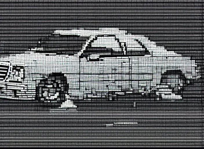 Image similar to synthesized hologram aiburning wrecked mercedes 1 2 4, pixelart, game 8 - bit monochrome gameboy!!, award winning. dramatic. trending on artstation, low resolution sync