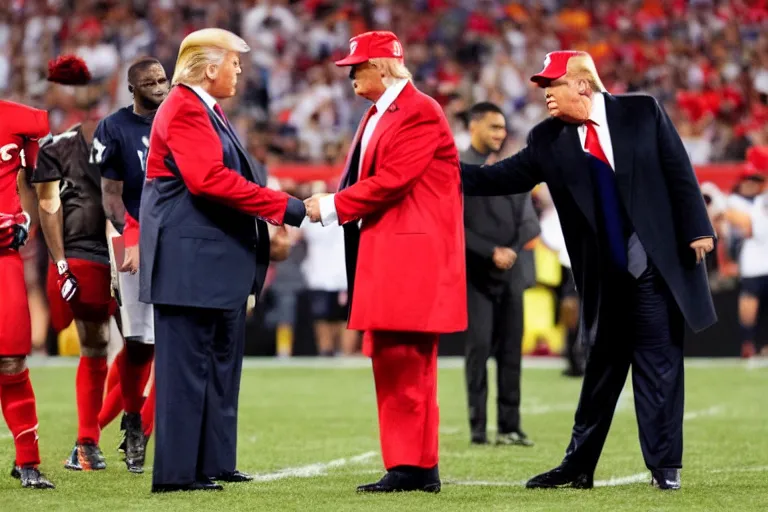 Prompt: r kelly referee giving red card to donald trump in football game