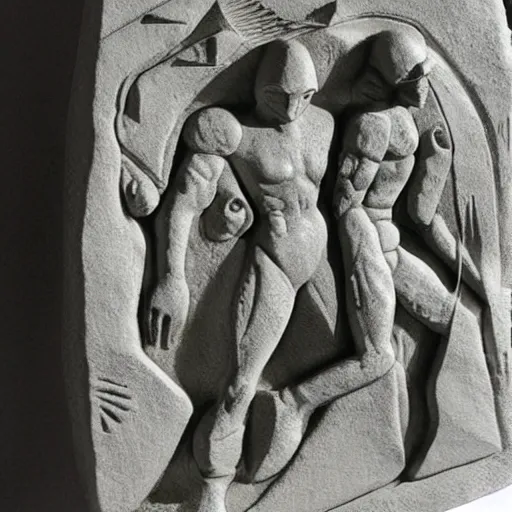 Image similar to stone relief of an apocalyptic prohecy picturing the arrival of aliens