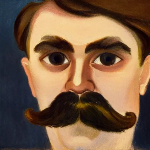 Image similar to a brown haired man with a mustache staring deeply at camera, detailed, edward hopper,