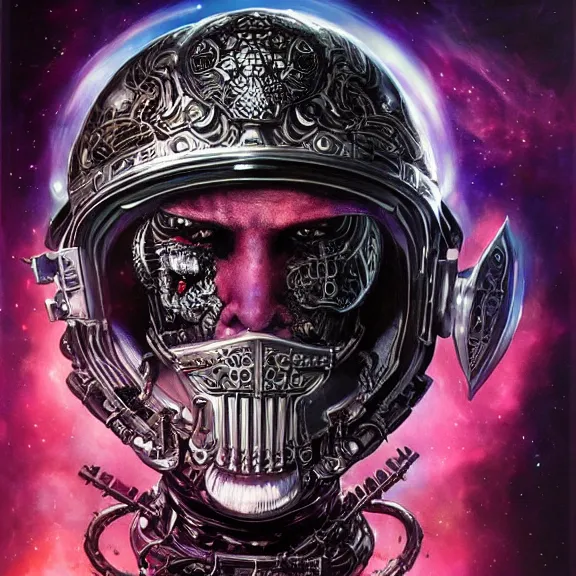 Image similar to a highly detailed space pirate portrait of an interstellar criminal radiating a dark unholy aura, a divine cosmic punisher, ornate black futuristic gothic armor, intricate broken space helmet, VR iridium visor, 8k, by Tristan eaton, Stanley Artgermm, Tom Bagshaw, Greg Rutkowski, Carne Griffiths, Ayami Kojima, Beksinski, Giger, trending on DeviantArt, face enhance, hyper detailed, minimalist, cybernetic, android, blade runner, full of colour,