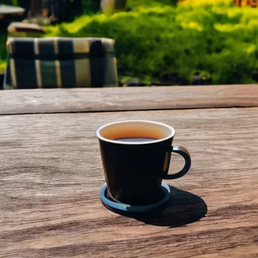 Prompt: a lid on a pen in a cup on a coaster on a table in a garden on a mountain