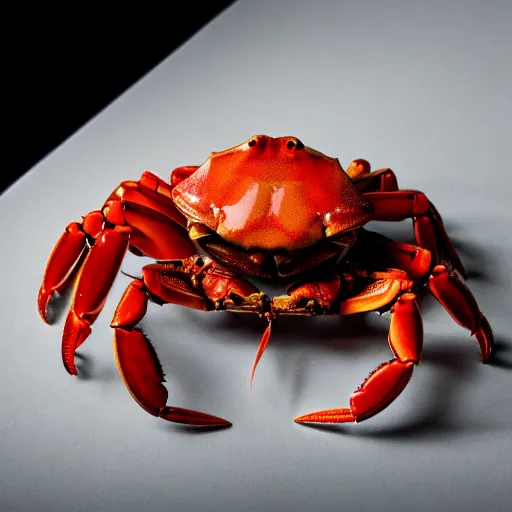 Prompt: stuffed animal of a crab, studio photography, warm ambient light