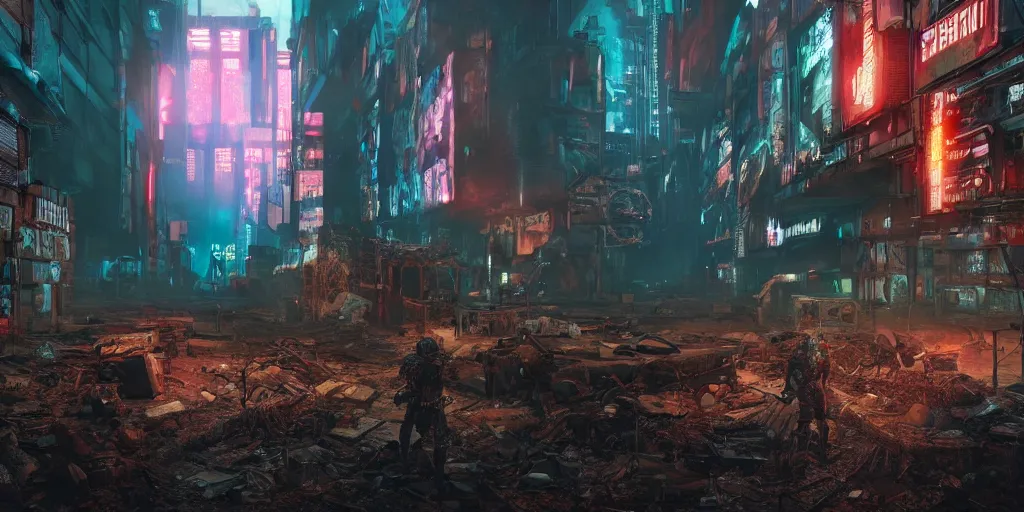 Image similar to cyberpunk chtulhu, fallout 5, studio lighting, deep colors, apocalyptic setting, sneak peek into the future