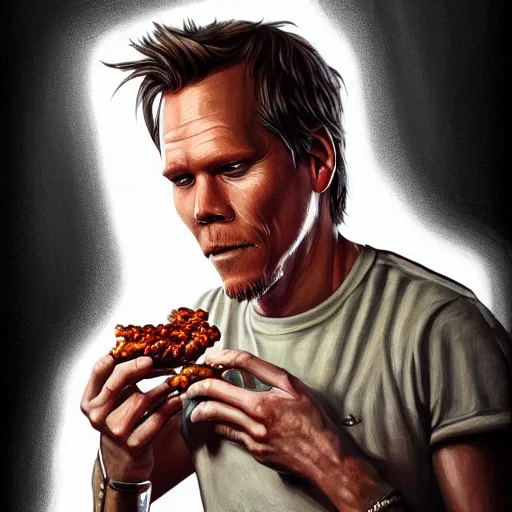 Prompt: Portrait of Kevin Bacon eating hot wings, fantasy, D&D, intricate, highly detailed, digital painting, trending on artstation, sharp focus, illustration, style of Stanley Artgerm