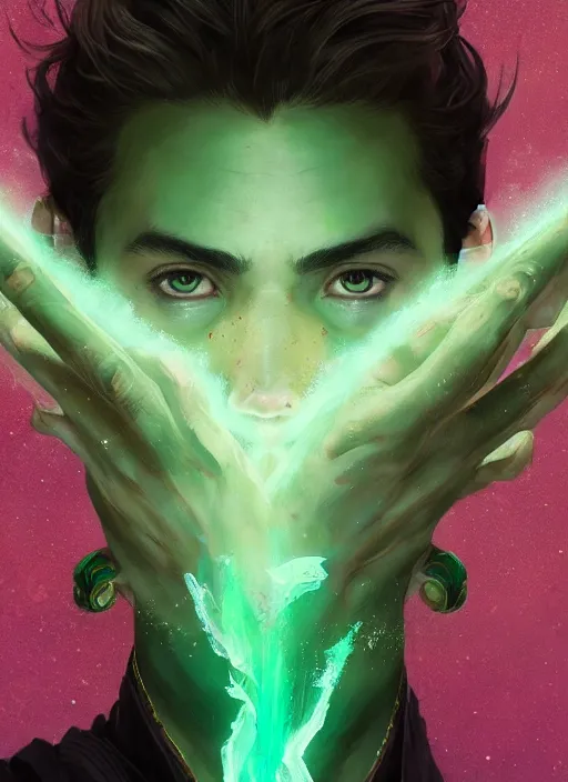Prompt: character concept portrait of an extremely handsome young Spanish wizard with green eyes and powder-green skin conjuring a cosmic spell, a floating iridescent spell book in the center, intricate, elegant, digital painting, concept art, smooth, sharp focus, illustration, from Metal Gear, by Ruan Jia and Mandy Jurgens and William-Adolphe Bouguereau, Artgerm