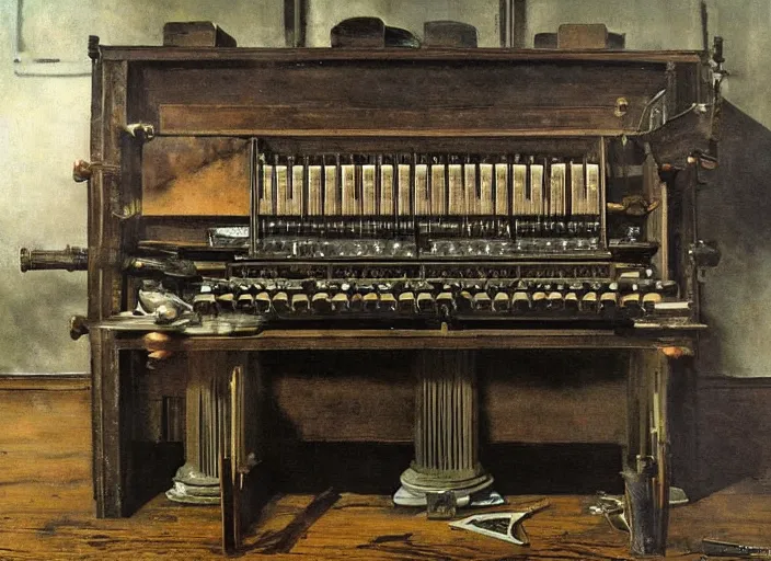 Image similar to battered dieselpunk pipe organ, painting by andrew wyeth, very detailed, somber mood,