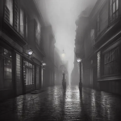 Prompt: victorian city street, dark, misty, at night, 8 k, detailed, concept art, trending on artstation