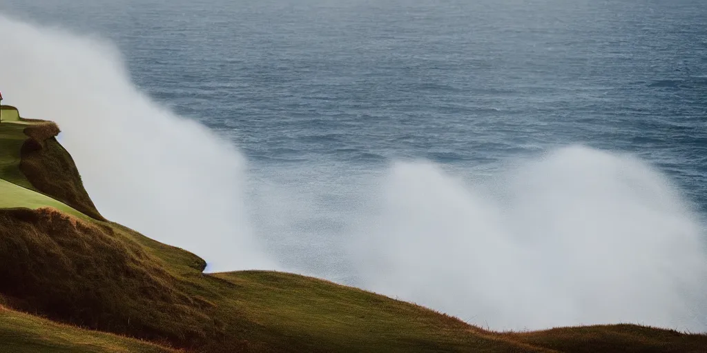 Image similar to a great photograph of the most amazing golf hole in the world complete surrounded by water, huge waves crash against the cliffs, perfect light, ambient light, 5 0 mm, golf digest, top 1 0 0, fog