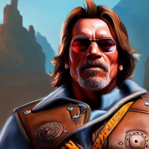 Image similar to a screenshot of arnold schwarzenegger as mccree in overwatch, portrait, fantasy, beautiful face, vivid colors, elegant, concept art, sharp focus, digital art, hyper - realistic, 4 k, unreal engine, highly detailed, hd, dramatic lighting by brom, trending on artstation