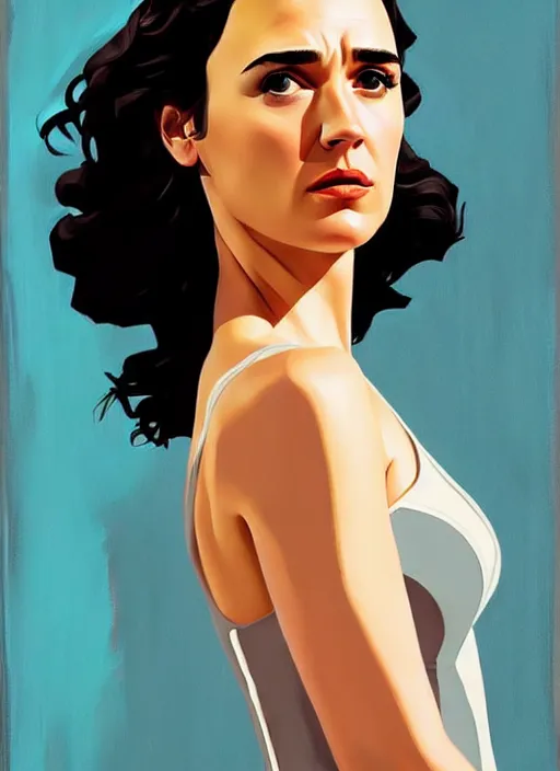 Image similar to detailed artwork by phil noto ; stylized painting of young jennifer connelly ; gal gadot ; eva green ; young jennifer connelly from the rocketeer ; brush texture ; asymmetric composition ; paint texture ; trending on artstation ; gallery painting by phil noto, comic style