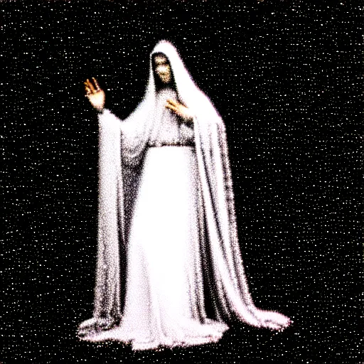 Image similar to vhs static overlay of marian apparition, vhs, 1 9 9 0, highly realistic, highly detailed, vhs noise static, black and white, vhs glitch