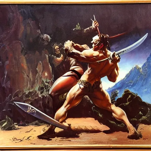 Prompt: oil painting by frank frazetta, conan with a sword fighting against a giant snake
