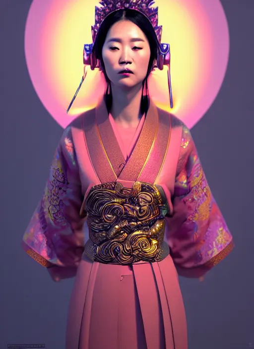 Image similar to 3 d goddess waist shot portrait. beautiful intricate highly detailed korean dokkaebi mask and traditional korean hanbok. elegant stingray, magpie, iridescent, plasma, lava, ice, water, wind, creature, volumetric lighting, twilight, artwork by tooth wu and wlop and beeple and greg rutkowski, 8 k trending on artstation,