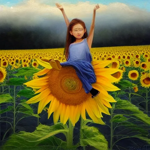 Image similar to a dreamy vision of girl slowly flying over amazing tall sunflower field, hair flowing, fog, early morning lightning, subtle, intricate details, real masterpiece, oil on canvas, by somsak anong