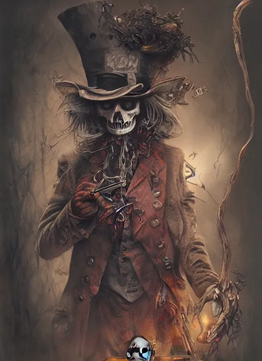 Image similar to Mad hatter smoking cigar, death tarot card,highly detailed,half skull face,cinematic,8k,by Stanley Artgermm,Tom Bagshaw,Greg Rutkowski,Carne Griffiths, Ayami Kojima, Beksinski, Giger,trending on DeviantArt,hyper detailed,horror, full of colour