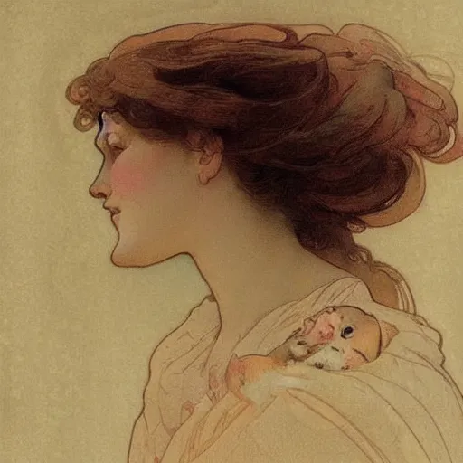 Image similar to woman's sideface, beautiful background, by alfons maria mucha, highly detailded