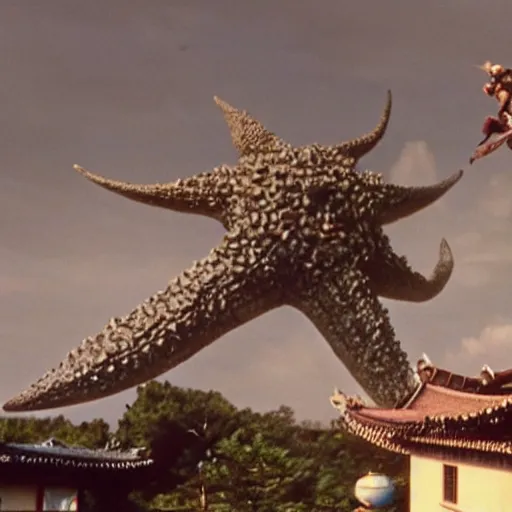 Image similar to a couple escaping from a giant Kaiju Starfish Monster over a traditional Korean village, minimal cinematography by Akira Kurosawa, movie filmstill, film noir, thriller by Kim Jong-il and Shin Sang-ok