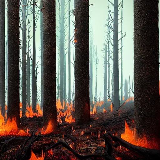 a burned lifeless forest, with burned trees, concept | Stable Diffusion ...