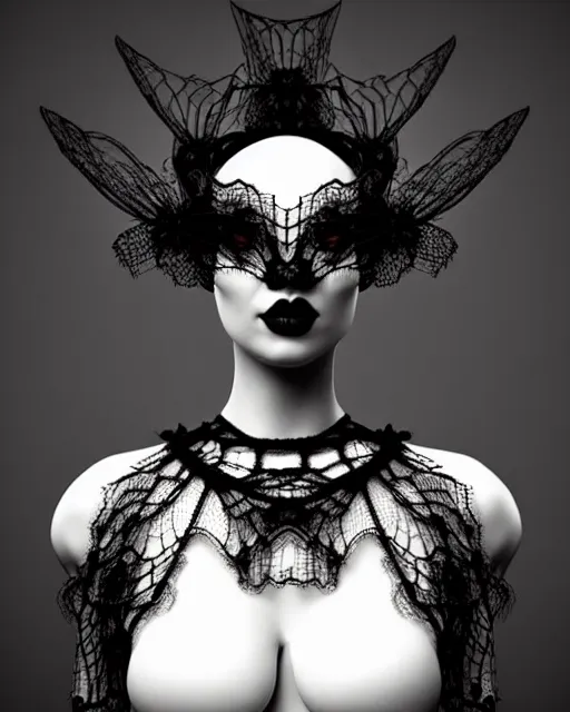 Image similar to dreamy surreal poetic black and white 3D render of a beautiful young porcelain female-creature-cyborg-vegetal with a very long neck and a super big gothic web lace collar filled with small dead flies and a very high big floral crown with many black dry roses:: smoke, high fashion, haute couture, rococo, avant-garde, elegant, dreamy, hyper realistic, 150 mm lens, soft rim light, octane render, unreal engine, volumetric lighting, dramatic light,8k,