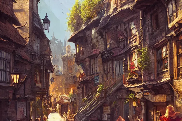 Prompt: a busy street within a fascinating old fantasy city, quirky shops, narrow streets, old buildings, old stone steps, street life, by Sylvain Sarrailh, cinematic, stunning composition, beautiful digital painting, oil painting, dungeons and dragons, lord of the rings