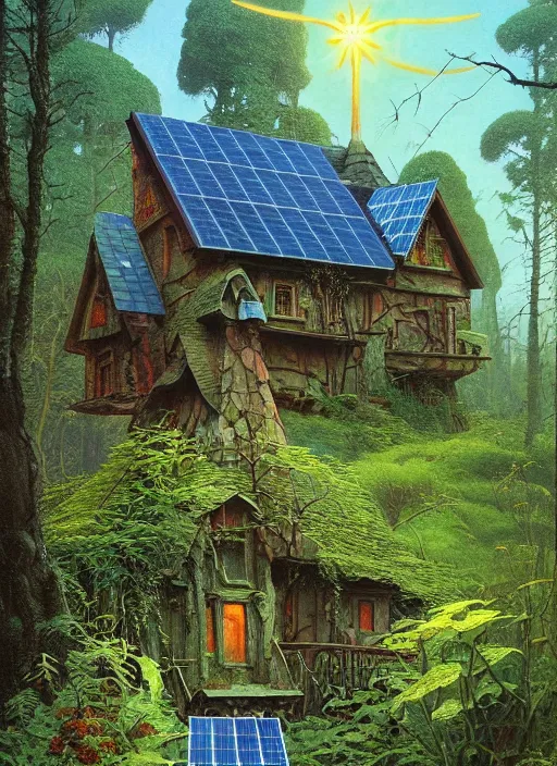 Image similar to hyper realistic witch cottage with solar panels with happy lighting and technology in the woods gorgeous lighting, sunbeams blue sky, lush forest foliage painting by zdzisław beksinski and norman rockwell and greg rutkowski weta studio, and lucasfilm