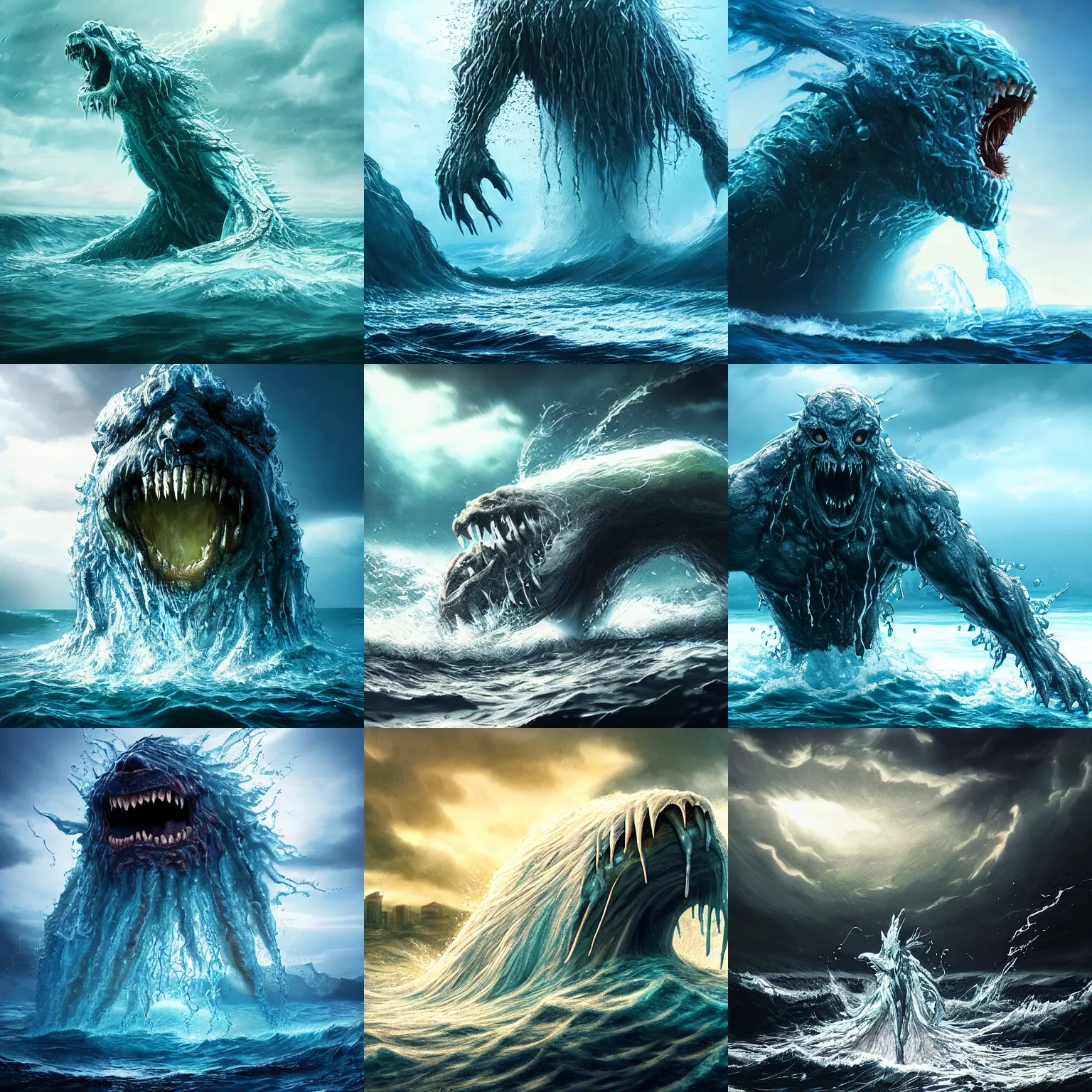Prompt: monster made of water emerging from the ocean, epic, epic lighting, digital art, hyper realistic, establishing shot, artstation, frightening