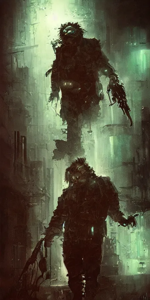 Prompt: Cyber Punk Leatherface, highly detailed, award winning, in the art style of Jeremy Mann