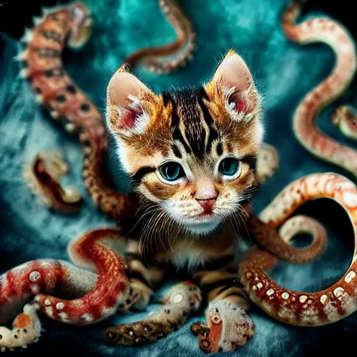 Image similar to kitten octopus chimera, feline squid tentacle fur fangs, portrait photography, single subject, faded background, adorable kawaii big eye cute cuddly, photorealism in the style of National Geographic